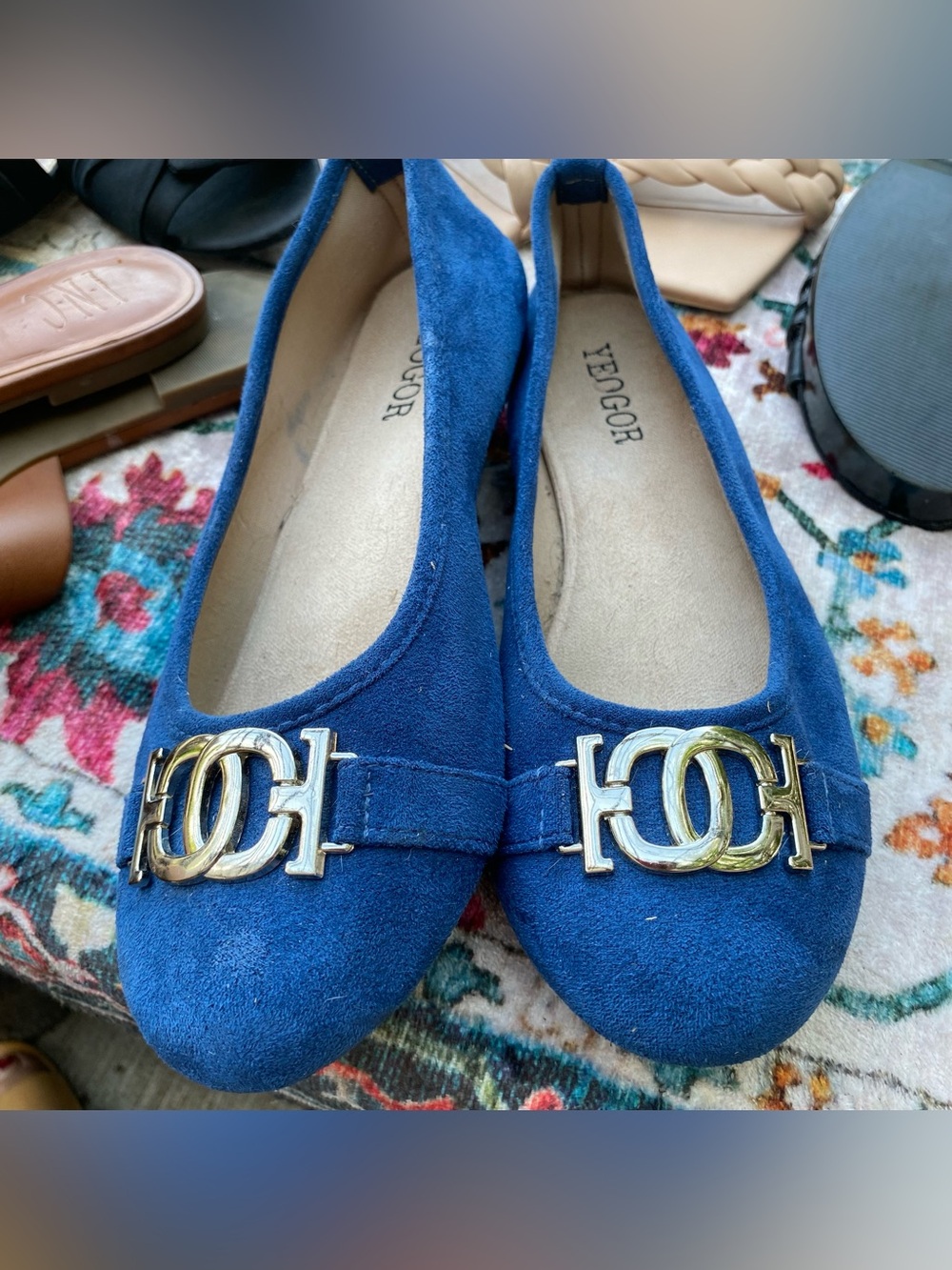 Yeogor Blue Suede Ballet Flats with Gold Accent